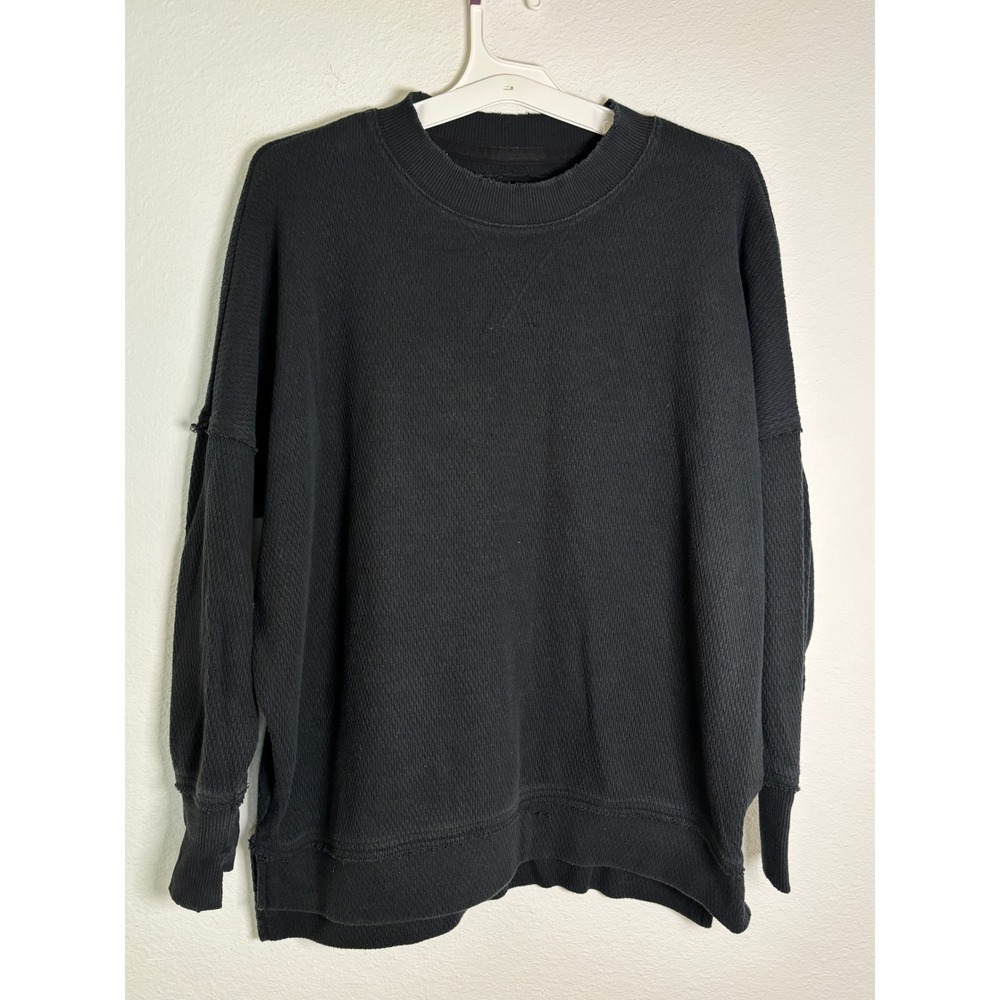 Aerie Black Waffle Knit Oversized Sweatshirt Raw Hem Drop Shoulder Small